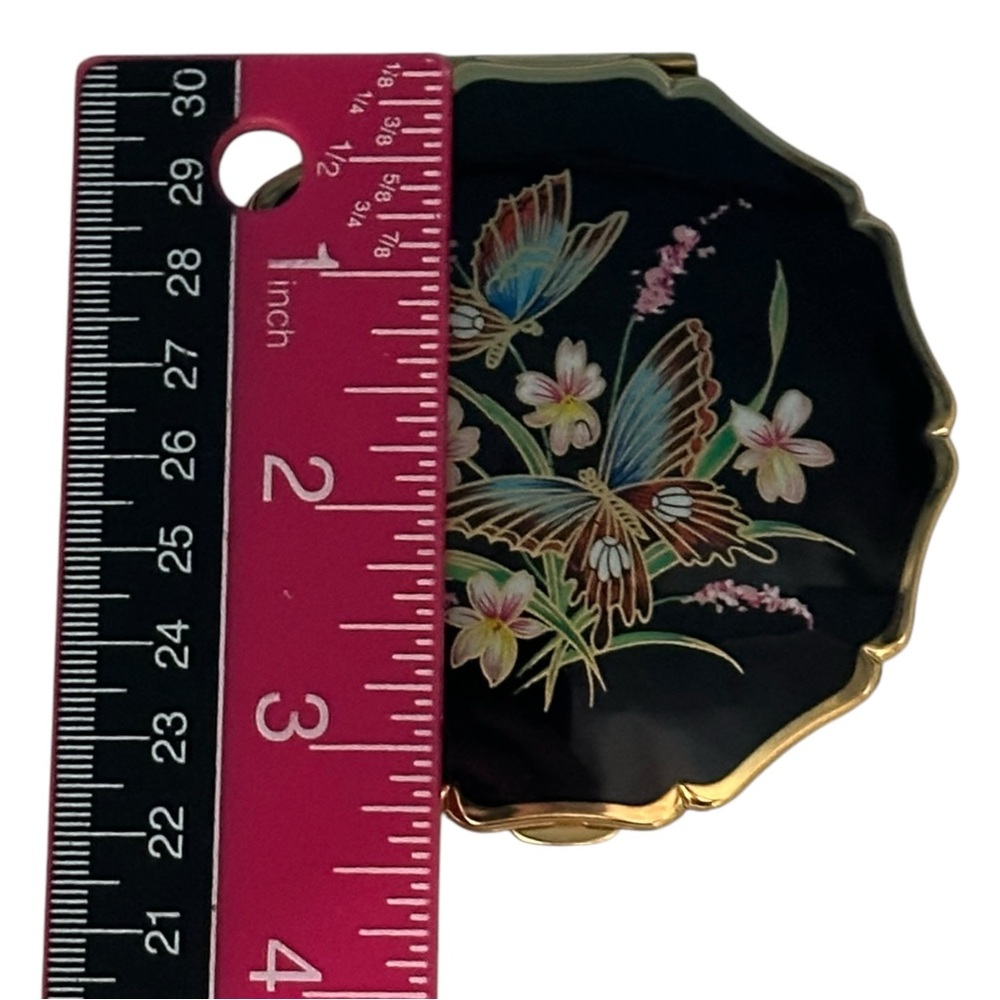 Vintage Compact Stratton England Black GoldTone Butterflies Lilies Pat.764125 - Picture 8 of 10